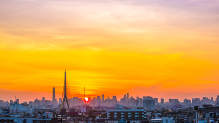 Bangkok city high view with sun rise and building background, concept of urbanizationの写真素材