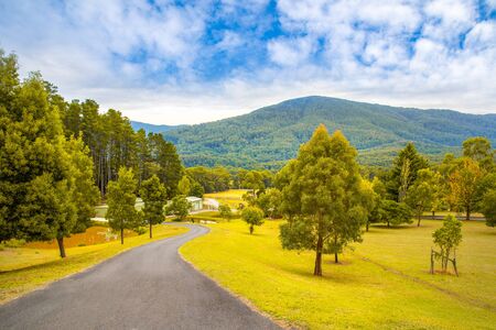 Landscape meadow scene and street view with mountain background at Yarra Australiaの写真素材