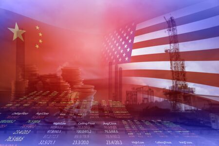 USA and China flag on industrial and money stock index background, America and China Trade war conceptの写真素材