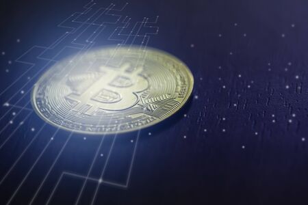 Bitcoin digital money with internet network connection graphic, Digital crypto money disruption...