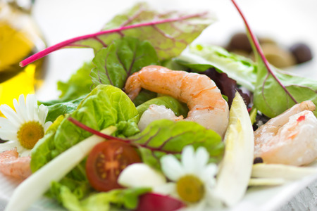 Salad with shrimp summer macroの写真素材