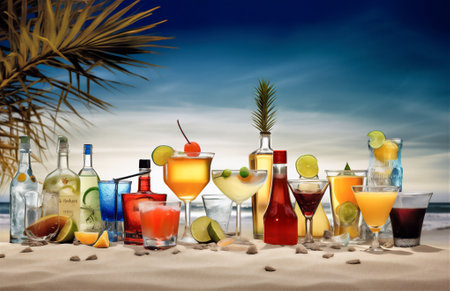 Cocktails on the beach with palm trees and blue sky backgroundの素材