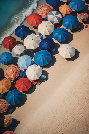 Colorful umbrellas on a sandy beach. View from aboveの素材