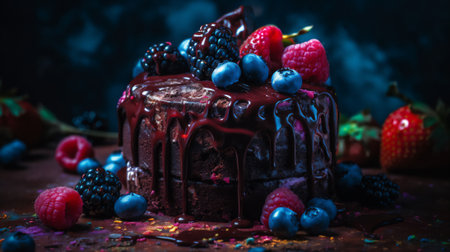 Chocolate cake with berries on a dark background. selective focus. Toned.の素材