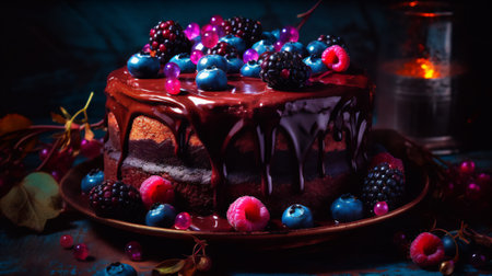 Chocolate cake with berries on a dark background. selective focus. Toned.の素材