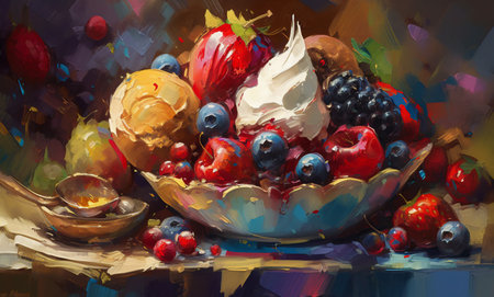 Still life with a bowl of berries and a spoon of ice creamの素材