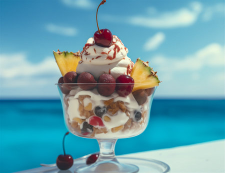 ice cream with fruits and berries in a glass on the background of the seaの素材