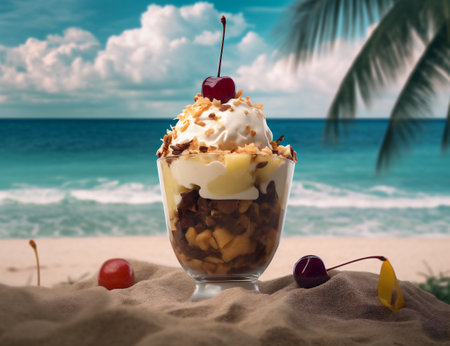 Vanilla ice cream with fresh cherries and bananas in a glass on the beachの素材