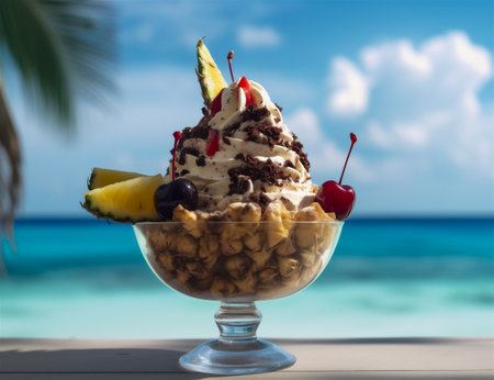 Ice cream with fruits and nuts in glass bowl on tropical beach backgroundの素材