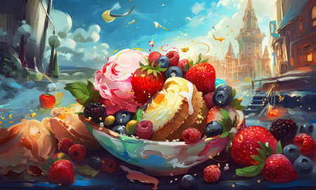 Bowl of ice cream with strawberries, raspberries and blueberries.の素材