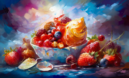 Watercolor painting of a fruit salad in a bowl on a blue backgroundの素材