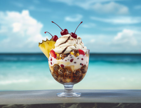Delicious ice cream with fruits and berries in glass on the beachの素材