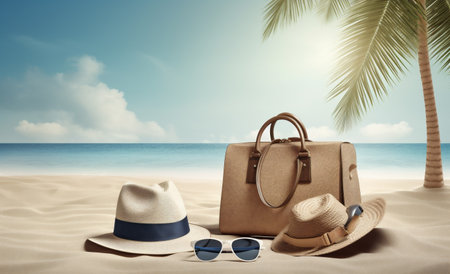 hat, sunglasses and bag on sand with sea backgroundの素材