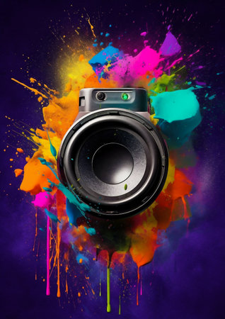 Audio speaker with colorful paint splashes on a dark purple background.の素材