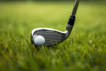 Golf club and golf ball on green grass with shallow depth of fieldの素材