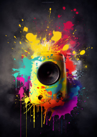 Colorful music speaker on black background with splashes and blotsの素材