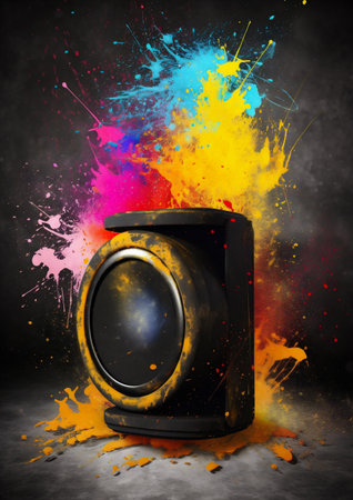 Colorful sound speaker with colorful splashes on grunge background.の素材