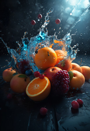Fruit splashing into the water on black background. mixed mediaの素材