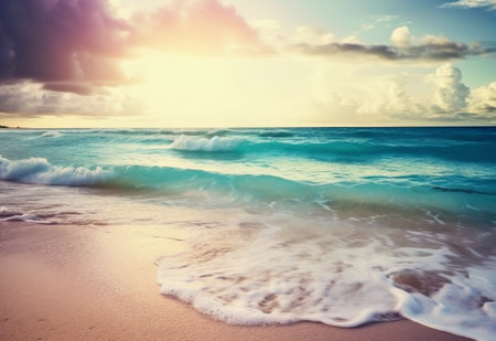 Beautiful beach and tropical sea at sunset time - Vintage filter effectの素材