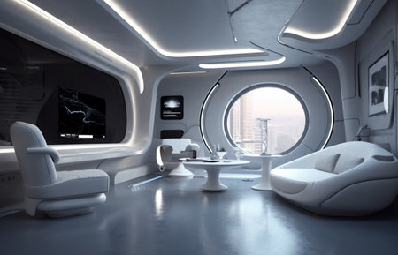 3d rendering of a futuristic interior of a spaceship with a panoramic windowの素材