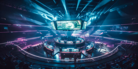 Conceptual image of a gamer playing a live match in front of a large screen.の素材