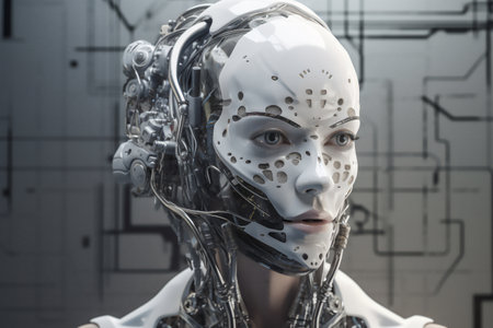 Portrait of a female robot in a futuristic environment. 3D rendering.の素材