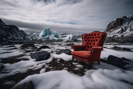 Red armchair and icebergs in Jokulsarlon glacier lagoon, Icelandの素材