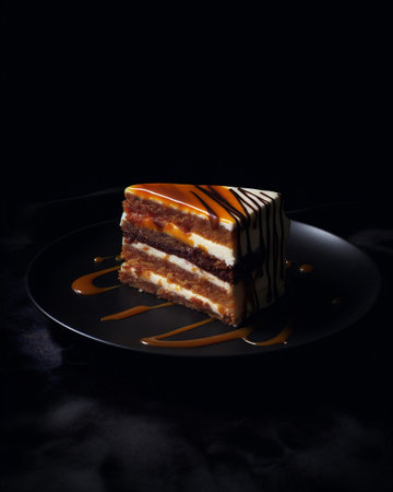 Piece of cake with chocolate and caramel on black plate on black backgroundの素材