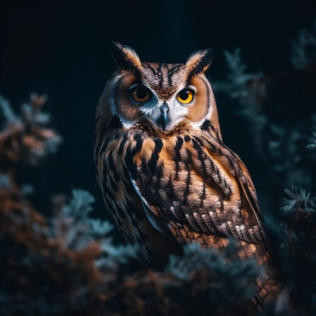 Beautiful owl sitting on a branch of a tree in the forestの素材