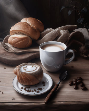 Coffee and bread on a wooden table in a rustic styleの素材