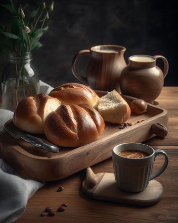 Bread, coffee and milk on a wooden tray. dark background.の素材