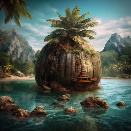 Fantasy island with palm trees in the sea. 3d renderingの素材