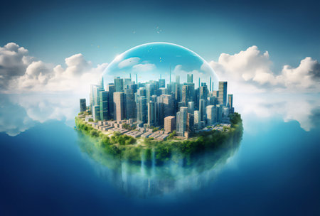 Cityscape with planet earth floating in the air. 3d renderingの素材