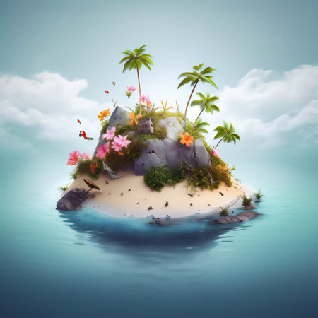Tropical island with palm trees and flowers. 3d renderingの素材