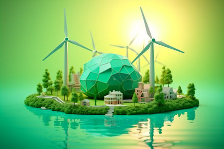 Eco city with wind turbines. 3D illustration. green concept energyの素材