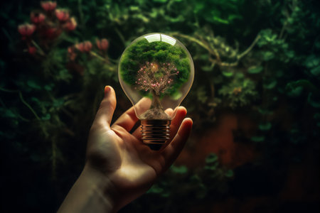 Ecology concept. Green light bulb in the hand of a womanの素材