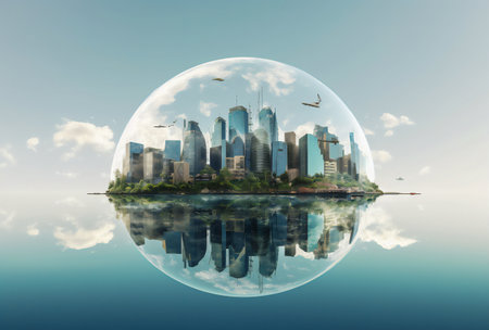 Glass sphere with modern city on the water surface. 3D renderingの素材