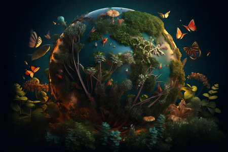 Fantasy landscape with planet earth and butterflies, 3d render illustrationの素材