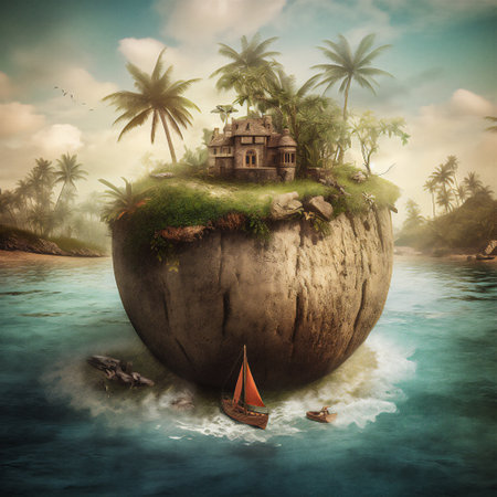 Fantasy island in the ocean with a house and a sailboatの素材