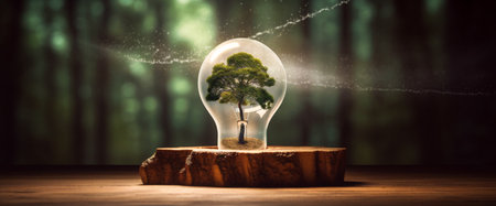 Conceptual image of green tree inside light bulb on wooden tableの素材