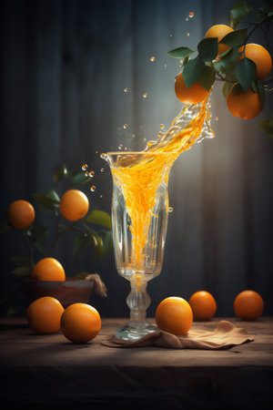 Orange juice splashing out of a glass with orange fruits on wooden backgroundの素材