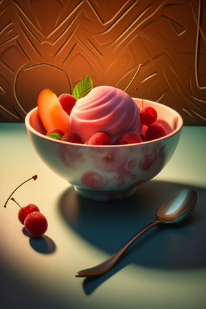 Cherry ice cream with fresh fruits in a bowl on the tableの素材