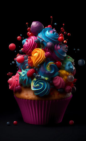 Colorful cupcake with fruits and berries on a black background.の素材