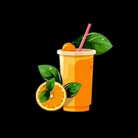 Orange juice in a plastic cup with a straw. 3d illustrationの素材