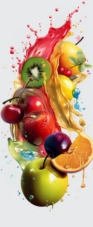 Colorful fruit splashing with juice on white background. vector illustration.の素材