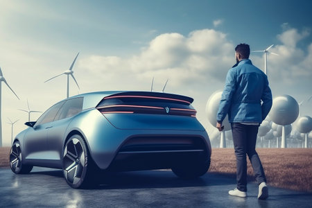 Back view of a man standing in front of a modern car with wind turbines in the backgroundの素材