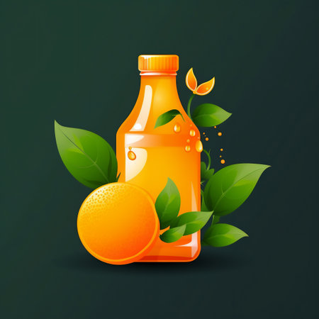 Orange juice in bottle with green leaves on dark background. vector illustration.の素材