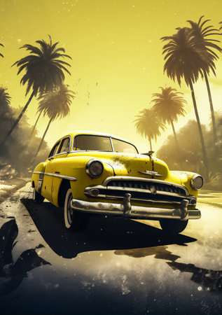 Retro car on the beach at sunset with palm trees in the backgroundの素材