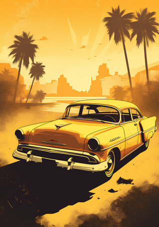 vintage car on the beach with palm trees - retro style illustrationの素材