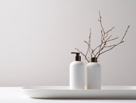 White vases with tree branches on chest of drawers near light wallの素材